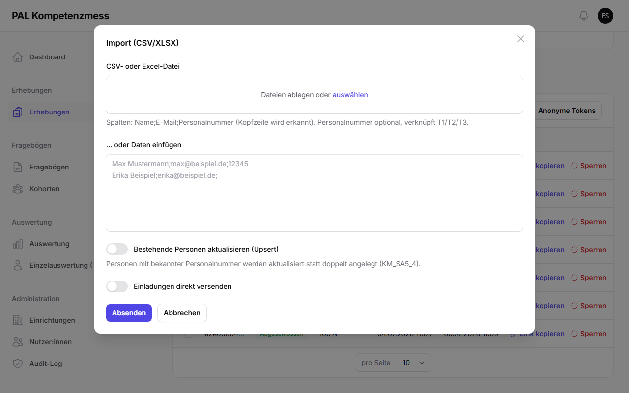 Import-Dialog mit Datei-Upload, Upsert-Schalter und Einladungsoption