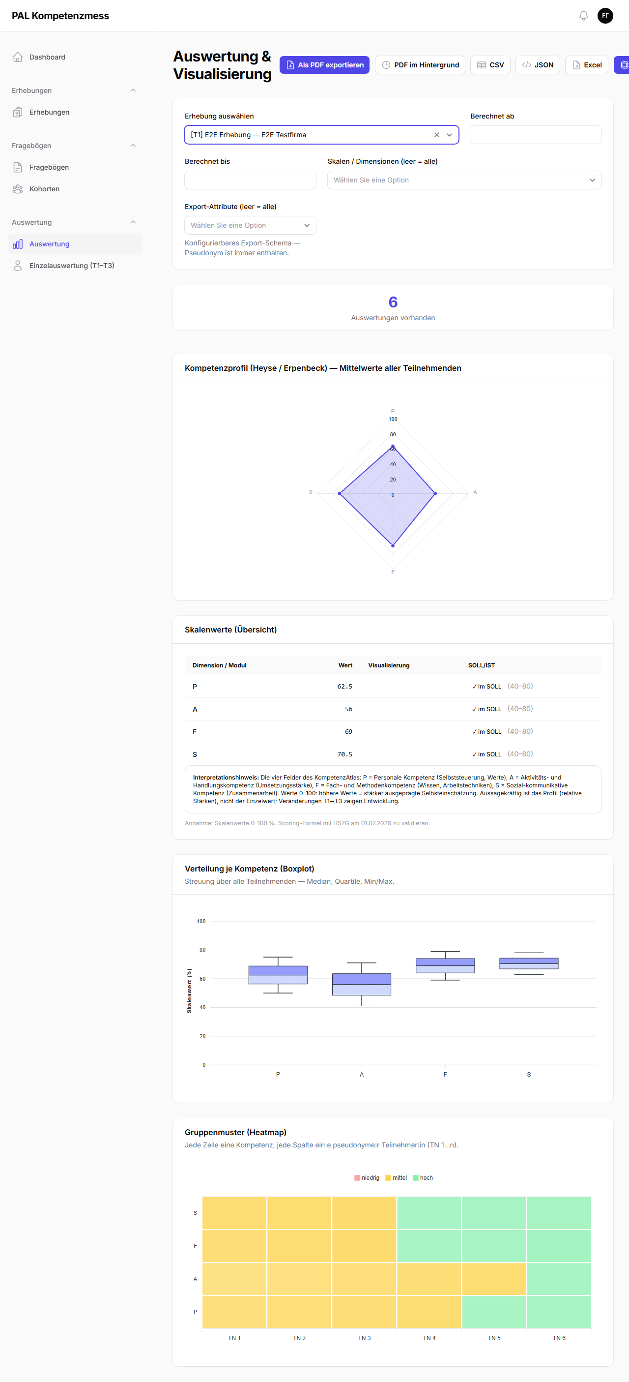 Auswertungs-Dashboard mit Filtern, Radar, Skalenwerten, SOLL/IST-Ampel, Boxplot und Heatmap