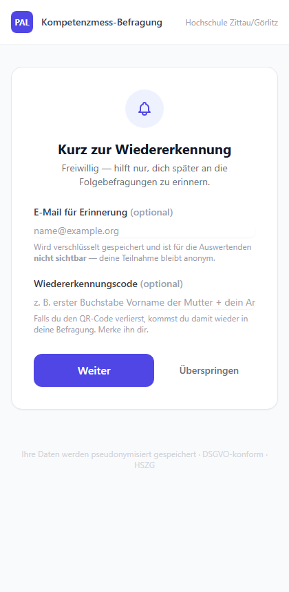 Freiwillige Angabe von E-Mail und Wiedererkennungscode