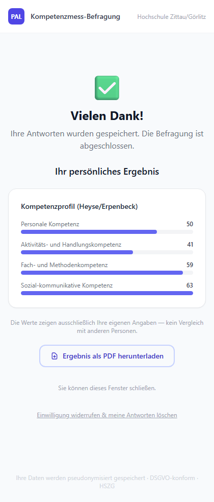 Abschluss-Seite mit persönlichem Ergebnis und PDF-Download